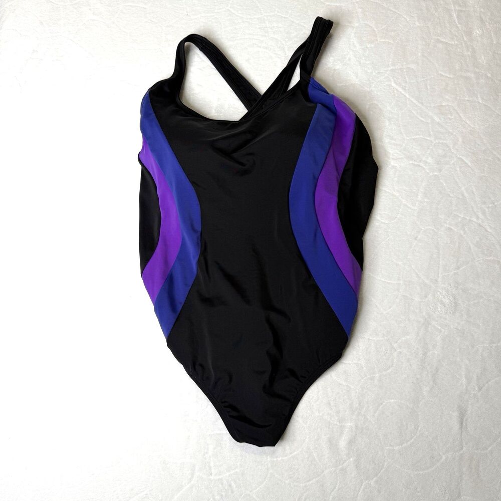 Lands End 1pc Swimsuit Women‎ 18 Black Purple Blue Stripe Tank Bra Classic